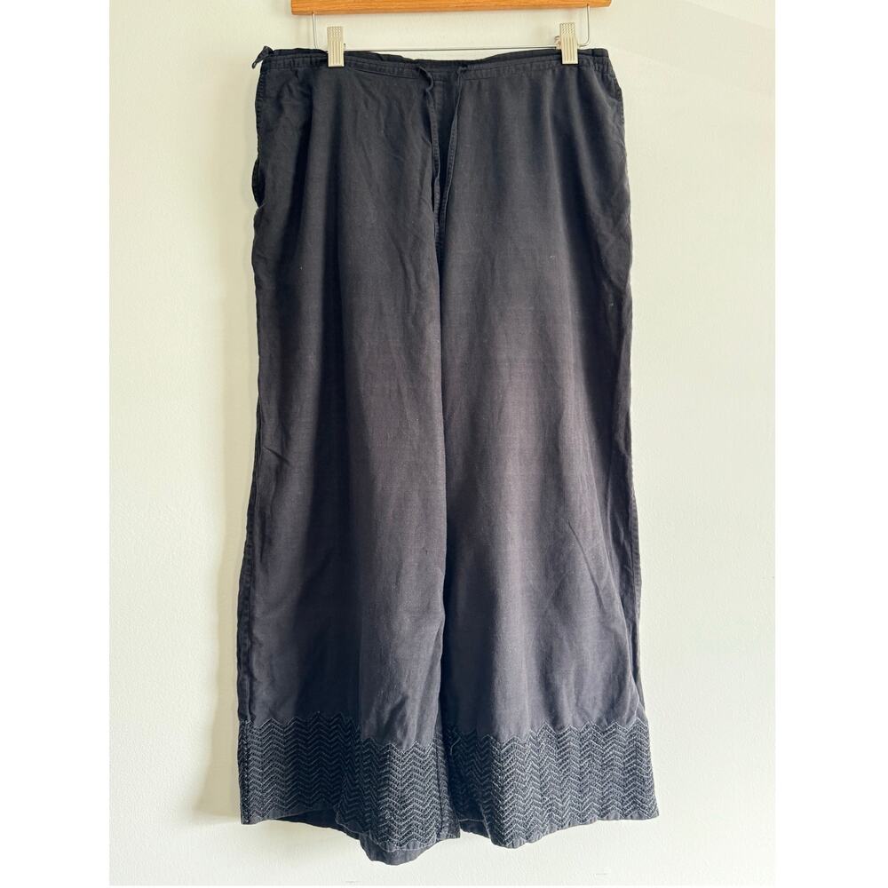 Good Earth Sustain 100% Cotton Wide Leg Pants S/M Black Embroidered Hem‎ Boho